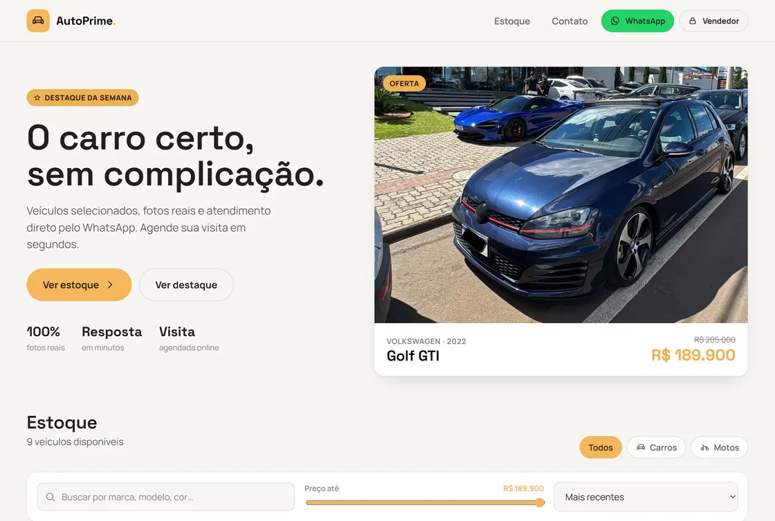 Prévia do site da concessionária AutoPrime com catálogo de veículos
