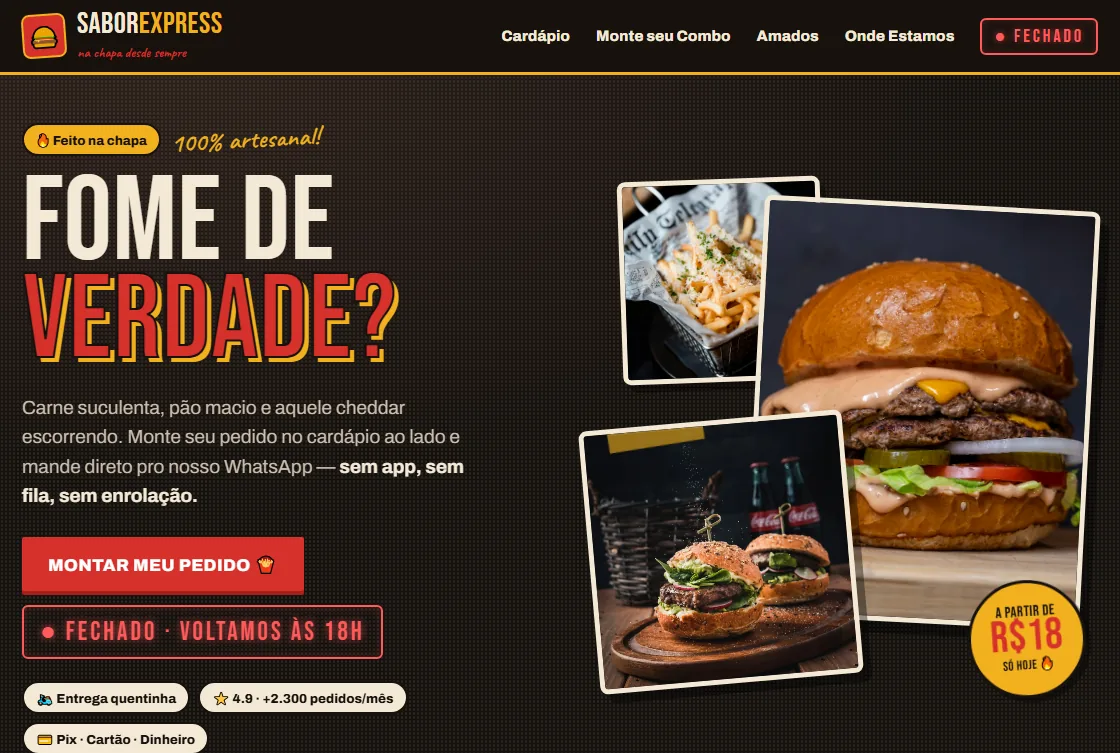 Prévia do site da lanchonete SaborExpress com cardápio digital